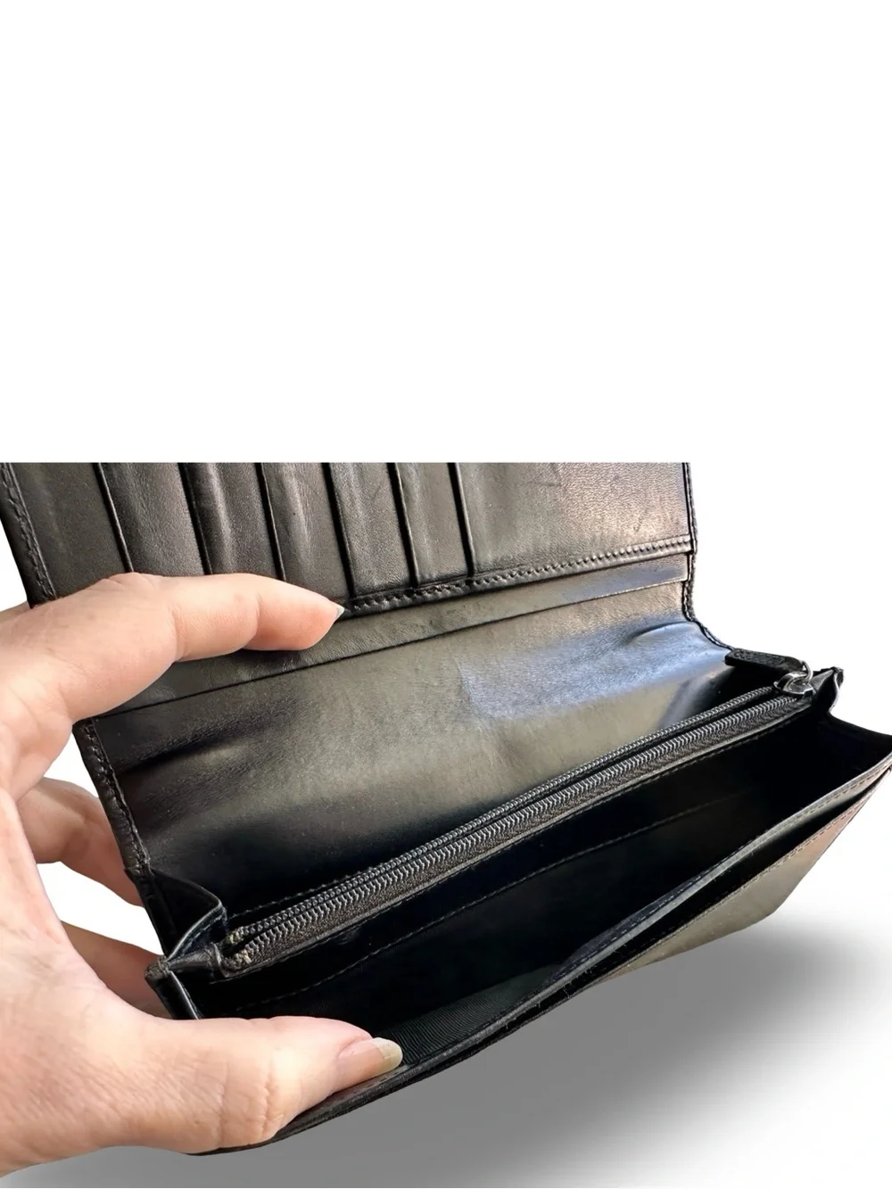 Gucci Smooth Black Leather Vertical Long Wallet with Sherry Web Stripe Edge Acce